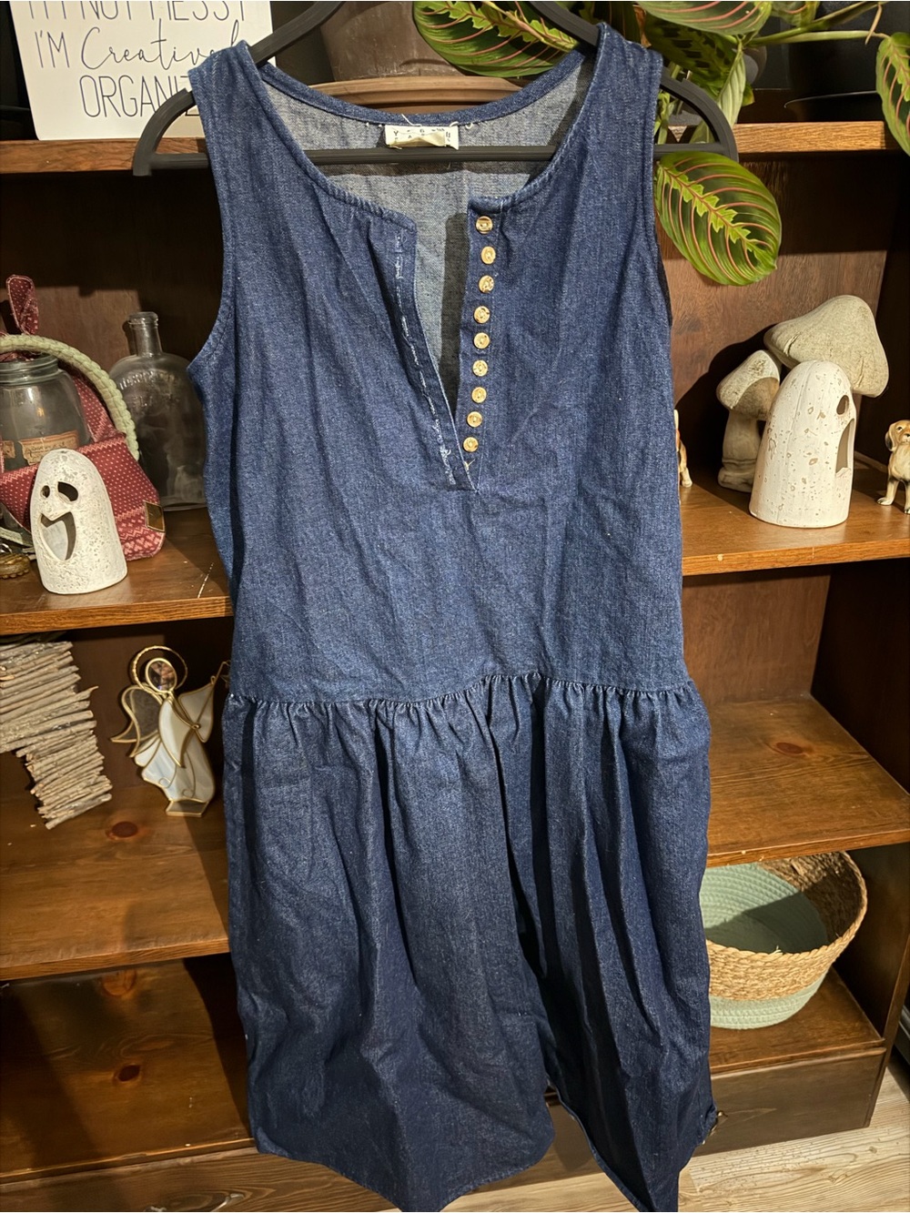 Sleeveless Casual Denim-Style Blue Dress with Button Placket